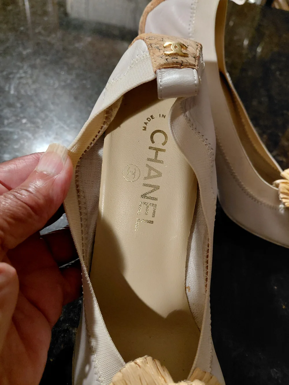CHANEL Beige Leather Pumps with Cork Toe and Raffia Flower